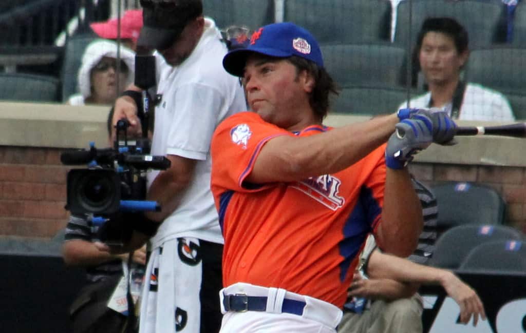 Even playing slow-pitch softball as a retiree, Mike Piazza shows off a sweet swing.